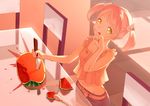  belt bunny_hair_ornament chair child food fruit groin hair_ornament hand_up indoors knife licking_lips looking_at_viewer midriff navel original pink_hair short_hair short_twintails spoon table teiuyou tongue tongue_out twintails watermelon yellow_eyes 