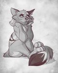  2017 ambiguous_gender anthro cat digital_media_(artwork) feline fur grey_fur greyscale kyander mammal monochrome simple_background sitting solo 