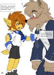  age_difference akatsukishiranui-fox anthro blue_eyes blush canine clothing cub duo hair male mammal simple_background size_difference uniform wolf young 