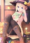  :d black_legwear blonde_hair blue_eyes boots broom candy collarbone commentary cross-laced_footwear esia_mariveninne fang food halloween hat jack-o'-lantern knee_boots komone_ushio lace-up_boots open_mouth original pantyhose short_hair sitting smile solo star witch_hat 