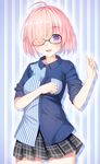  black_skirt blush breasts eyebrows_visible_through_hair fate/grand_order fate_(series) glasses hair_over_one_eye highres lawson looking_at_viewer mash_kyrielight medium_breasts open_mouth pink_hair purple_eyes short_hair short_sleeves skirt smile solo umitonakai 