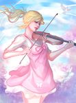  artist_name bird blonde_hair blue_sky bow_(instrument) closed_eyes cloud dated day dress highres instrument long_hair miyazono_kawori music outdoors pink_dress playing_instrument shigatsu_wa_kimi_no_uso sky solo standing turn2a violin 