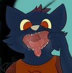  ambiguous_gender anthro clothing english_text looking_down mae_(nitw) mouth_shot night_in_the_woods open_mouth pixelthegryphon solo text throat tongue 