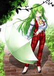  aka_tawashi ascot bangs belt black_footwear blush bush closed_mouth collared_shirt commentary_request contrapposto day eyebrows_visible_through_hair full_body green_eyes green_hair highres holding holding_umbrella kazami_yuuka kazami_yuuka_(pc-98) legs_apart long_hair long_sleeves looking_at_viewer open_clothes open_vest outdoors pants plaid plaid_pants plaid_vest red_pants shadow shirt shoes simple_background smile solo standing stone_floor touhou umbrella very_long_hair vest white_background white_shirt wing_collar yellow_neckwear 