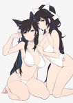  animal_ears arm_up atago_(azur_lane) azur_lane bangs barefoot bikini black_hair blunt_bangs bow breasts brown_eyes casual_one-piece_swimsuit choker cleavage closed_mouth commentary_request criss-cross_halter eyebrows_visible_through_hair flower grey_background hair_bow hair_flower hair_ornament halterneck hand_on_another's_shoulder kneeling large_breasts leaning_forward mole mole_under_eye multiple_girls navel one-piece_swimsuit ponytail simple_background sitting smile sohin string_bikini swept_bangs swimsuit takao_(azur_lane) wariza white_bikini wristband 