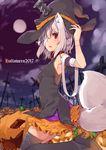  2017 adyisu albino altair_floone animal_ears bandage_over_one_eye bandaged_arm bandages black_footwear boots breasts cloud cross fang from_side full_moon graveyard halloween hand_on_headwear hat jack-o'-lantern kemonomimi_mode leg_up looking_at_viewer medium_breasts moon night night_sky open_mouth original outdoors pumpkin red_eyes screw short_hair skirt sky sleeveless solo stitches tail thigh_boots thighhighs twitter_username white_hair witch_hat 