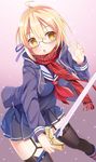  ahoge artoria_pendragon_(all) black_legwear blonde_hair blue_skirt blush breasts eyebrows_visible_through_hair fate/grand_order fate_(series) glasses highres holding holding_sword holding_weapon large_breasts looking_at_viewer mysterious_heroine_x_(alter) parted_lips red_scarf scarf skirt solo sword thighhighs umitonakai weapon yellow_eyes 