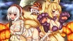  ;d animal_ears areola_slip areolae asherah_(sennen_sensou_aigis) bandages blonde_hair blush boots braid breast_hold breasts chibi commentary_request embarrassed eyebrows_visible_through_hair eyes_visible_through_hair fang fox_ears fox_tail fur_trim gloves hair_ribbon halloween hat highres jack-o'-lantern kayou_(sennen_sensou_aigis) large_breasts long_hair minaha_(playjoe2005) mole mole_on_breast multiple_girls multiple_tails one_eye_closed open_mouth paw_gloves paws purple_eyes red_eyes ribbon sennen_sensou_aigis serra_(sennen_sensou_aigis) smile tail wavy_mouth white_hair witch_hat 