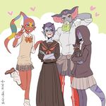  4girls acxa_(voltron) alien blue_skin cat ezor_(voltron) grey_skin hoodie monster_girl multiple_girls narti_(voltron) no_eyes no_humans pleated_skirt ponzu_(beetle_burner) red_skin school_uniform skirt standing standing_on_one_leg sukeban tail vest voltron:_legendary_defender yellow_sclera zethrid_(voltron) 