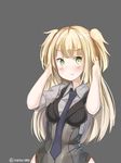  absurdres alternate_hair_length alternate_hairstyle black_neckwear blonde_hair blush breasts closed_mouth eyebrows_visible_through_hair girls_frontline green_eyes highres large_breasts long_hair looking_at_viewer pouty_lips sketch sobmarine solo twitter_username upper_body welrod_mk2_(girls_frontline) 