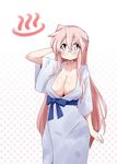  :o arm_behind_head blush breasts cleavage eyebrows_visible_through_hair glasses gradient gradient_background large_breasts long_hair looking_at_viewer lucky_star mizushima_(p201112) pink_hair polka_dot polka_dot_background purple_eyes solo takara_miyuki white_background 