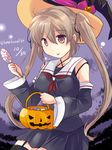  adapted_costume black_legwear black_serafuku black_skirt brown_eyes candy dated detached_sleeves food garter_straps halloween hat hirune_(konekonelkk) jack-o'-lantern kantai_collection light_brown_hair lollipop long_hair looking_at_viewer murasame_(kantai_collection) neckerchief night night_sky pleated_skirt purple_sky red_neckwear sailor_collar school_uniform serafuku skirt sky solo thighhighs twintails twitter_username white_sailor_collar witch_hat 