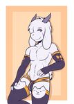  2017 anthro asriel_dreemurr blush boss_monster bulge clothed clothing crackers fingerless_gloves fur girly gloves god_of_hyperdeath horn jockstrap legwear looking_at_viewer male pink_eyes simple_background socks solo standing thigh_socks undertale underwear video_games white_fur 