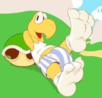  2016 3_toes aliasing anthro belly big_bulge biped black_eyes bulge claws clothing cloud digital_drawing_(artwork) digital_media_(artwork) feet foot_focus grass hands_behind_head humanoid_feet koopa_troopa legwear looking_away male midriff musk open_mouth open_smile outside red_tongue reptile scalie shell shell-less shirt slightly_chubby smelly smelly_feet smile socks solo striped_clothing striped_underwear sweat tank_top toe_claws toes turtle underwear vertical_bar_eyes white_clothing white_socks yellow_skin yowesephth 