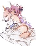 ass azur_lane bare_shoulders breasts closed_mouth commentary_request dress elbow_gloves gloves long_hair looking_back lying object_hug one_side_up purple_eyes purple_hair pussy_juice saboten shoulder_blades simple_background small_breasts solo stuffed_alicorn stuffed_animal stuffed_toy thighhighs unicorn_(azur_lane) white_background white_dress white_gloves white_legwear 