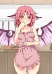  1girl aftersex animal_ears apron bangs bare_shoulders blush breasts closed_mouth collarbone cum cumdrip cutting_board eyebrows_visible_through_hair fish frills kitchen knife lamprey looking_at_viewer medium_hair mystia_lorelei naked_apron no_hat no_headwear pink_hair purple_eyes solo spread_wings standing tears thighs tori_(minamopa) touhou wavy_mouth wings 