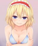  alice_margatroid arms_under_breasts bangs bare_arms bare_shoulders bikini_top blonde_hair blue_bikini_top blue_eyes blush breast_hold breasts cleavage closed_mouth collarbone commentary_request front-tie_top gradient gradient_background hair_between_eyes hairband hand_on_own_arm looking_at_viewer medium_breasts miyo_(ranthath) pink_background purple_background red_hairband short_hair solo sweat touhou upper_body 