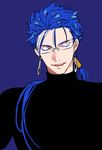  black_shirt blue_background blue_hair closed_eyes commentary_request earrings eyelashes facing_viewer fate/stay_night fate_(series) glasses jewelry lancer long_hair male_focus parted_lips ponytail shirt simple_background smile solo tenobe turtleneck upper_body 