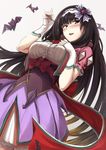  akita_hika bangs bat black_hair blush breasts brown_hair commentary_request corset detached_sleeves dutch_angle eyebrows_visible_through_hair fate/grand_order fate_(series) from_below gradient_hair hair_ornament hairband hand_on_own_chest hands_up highres hood hoodie large_breasts long_hair looking_at_viewer multicolored_hair open_mouth origami osakabe-hime_(fate/grand_order) purple_eyes purple_skirt sash sidelocks skirt smile solo teeth underbust very_long_hair 