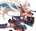  abusoru bare_arms black_dress black_gloves dark_skin dress floating_hair gloves granblue_fantasy hair_between_eyes holding holding_shield holding_sword holding_weapon long_hair looking_at_viewer open_mouth red_eyes shield short_dress simple_background solo sword thighhighs very_long_hair weapon white_background white_hair zooey_(granblue_fantasy) 