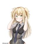  absurdres alternate_hair_length alternate_hairstyle black_neckwear blonde_hair blush breasts closed_mouth eyebrows_visible_through_hair girls_frontline green_eyes highres large_breasts long_hair looking_at_viewer pouty_lips sketch sobmarine solo twitter_username upper_body welrod_mk2_(girls_frontline) 
