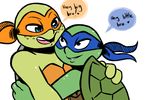  &lt;3 2017 anthro bandanna blue_eyes dialogue duo english_text eye_contact freckles hand_on_back hug inkyfrog leonardo_(tmnt) male mask michelangelo_(tmnt) open_mouth open_smile reptile scalie shell simple_background smile teenage_mutant_ninja_turtles text turtle white_background 