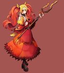  black_footwear black_gloves borokuro brown_eyes delphox full_body gen_6_pokemon gloves highres holding holding_staff long_hair looking_at_viewer personification pokemon red_robe solo staff standing twintails 
