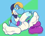  2016 3_toes 4_fingers abstract_background anthro balls barefoot beanie bedroom_eyes belly big_balls big_penis biped blonde_hair blue_background blue_skin blue_tail circumcision_scar clothing countershade_face countershade_tail countershade_torso countershading cyan_yoshi digital_drawing_(artwork) digital_media_(artwork) discarded_clothing dripping erection feet fingerless_gloves foot_focus footwear gloves green_background green_eyes hair half-closed_eyes hat holding_penis huge_balls huge_penis humanoid_feet humanoid_hands humanoid_penis looking_at_viewer male mario_bros mostly_nude multicolored_skin nintendo penis precum presenting presenting_penis reptile scalie scarf seductive shadow shell shoes short_hair short_tail simple_background slightly_chubby smile smug solo spikes toes two_tone_skin two_tone_tail video_games white_balls white_countershading white_penis white_skin white_tail yoshi yowesephth 