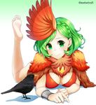  barefoot bikini_top bird blurry breasts cleavage commentary crow depth_of_field feather_boa feathers feet gradient gradient_background green_eyes green_hair hair_ornament juuni_taisen large_breasts looking_at_viewer lying mattari_yufi niwa_ryouka on_stomach smile soles the_pose 