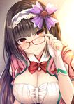  adjusting_eyewear bangs black_hair blunt_bangs blush bow breasts center_frills cleavage closed_mouth eyebrows_visible_through_hair fate/grand_order fate_(series) fingerless_gloves frills glasses gloves hair_ornament hair_ribbon hairband hood hoodie japanese_clothes large_breasts long_hair looking_at_viewer osakabe-hime_(fate/grand_order) red-framed_eyewear red_bow red_eyes red_neckwear ribbon ribbon-trimmed_sleeves ribbon_trim shiny shiny_skin short_sleeves smile solo taiki_ken two-tone_hairband upper_body very_long_hair 