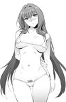  areola_slip areolae arm_behind_back bangs bare_shoulders bikini blush breasts collarbone fate/grand_order fate_(series) greyscale highres hips large_breasts long_hair looking_at_viewer micro_bikini monochrome navel pubic_hair pubic_hair_peek scathach_(fate)_(all) scathach_(fate/grand_order) simple_background solo swimsuit thighs white_background yoshiki360 