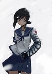  absurdres arm_behind_back bangs blue_neckwear blue_ribbon blue_sailor_collar blue_skirt brown_hair captain_america_the_winter_soldier clenched_hand closed_eyes closed_mouth cowboy_shot fubuki_(kantai_collection) green_eyes highres james_buchanan_barnes kantai_collection kion-kun looking_to_the_side marvel mechanical_arm namesake neck_ribbon pleated_skirt ponytail ribbon sailor_collar school_uniform serafuku shirt short_sleeves skirt smile snow snowing solo standing white_background white_shirt winter_soldier 