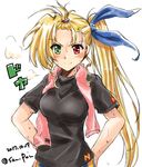  &gt;:) alternate_hairstyle bangs black_shirt blonde_hair blue_ribbon closed_mouth commentary_request dated green_eyes hair_ribbon hair_tie hair_up hands_on_hips heterochromia light_smile long_hair looking_at_viewer lyrical_nanoha messy_hair older pink_towel red_eyes ribbon san-pon shirt side_ponytail smile solo standing steam sweat t-shirt towel towel_around_neck twitter_username upper_body v-shaped_eyebrows vivid_strike! vivio 