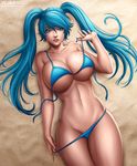  1girl abs aqua_eyes beach bikini blue_hair breasts cleavage curvy flowerxl large_breasts laying_down league_of_legends lips midriff navel sona swimsuit thighs twintails underbust undressing 