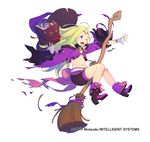  ;o bare_shoulders belt blonde_hair book boots broom circlet fire_emblem fire_emblem_heroes halloween halloween_costume hat long_hair mamkute midriff nagisa_kurousagi navel nono_(fire_emblem) official_art one_eye_closed open_book pointy_ears purple_hair shorts solo sweatdrop torn_clothes watermark witch_hat 