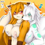  &lt;3 anthro big_breasts blue_eyes blush breast_grab breasts canine dog duo female fluffy fox fur grabbing_from_behind hair hand_on_breast hip_grab long_hair male male/female mammal musical_note nipple_bulge nude ofuda orange_fur red_eyes suggestive tongue tongue_out white_fur yus-ts 