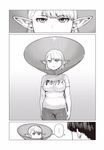  1boy 1girl :&lt; bangs breasts comic elf elf-san_wa_yaserarenai. elizabethan_collar erufuda-san eyelashes greyscale highres jitome large_breasts monochrome naoe-san pants plump pointy_ears shared_speech_bubble shirt silent_comic speech_bubble spoken_ellipsis synecdoche t-shirt track_pants 