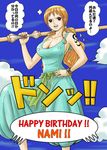  1girl alone bare_shoulders blue_dress bracelet breasts brown_eyes cleavage clouds dress english_text female hand_on_waist japanese_text large_breasts long_hair nail_polish nami_(one_piece) one_piece orange_hair ponytail red_nails sky solo speech_bubble staff standing tattoo 