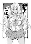  ;d blush bow bowtie bracelet breasts cleavage commentary copyright_name cowboy_shot dress_shirt fake_nails finger_to_mouth gal_gohan greyscale gyaru hair_ornament hairclip hand_on_hip highres jewelry kogal large_breasts long_hair loose_bowtie monochrome mushi024 okazaki_miku one_eye_closed open_mouth pleated_skirt polka_dot polka_dot_scrunchie ring school_uniform scrunchie shirt skirt sleeves_rolled_up smile solo tan v wrist_scrunchie 