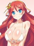  blue_eyes blush breasts character_request closed_mouth collarbone copyright_request covered_nipples eyebrows_visible_through_hair f_1chan front-tie_bikini front-tie_top hair_between_eyes hair_ornament halterneck head_tilt large_breasts long_hair red_hair shiny shiny_skin smile solo upper_body white_bikini_top 