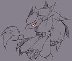  animal_ears artist_name blue_eyes claws furry grey_background hair_ornament kuuka legs_apart long_hair looking_at_viewer monochrome no_humans pokemon pokemon_(creature) pokemon_bw simple_background sketch solo spot_color standing text twitter_username very_long_hair wolf_ears zoroark 