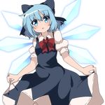  blue_bow blue_eyes blue_hair blue_wings blush bow cirno cowboy_shot do_(4-rt) eyebrows_visible_through_hair hair_between_eyes hair_bow highres ice ice_wings looking_at_viewer looking_down open_mouth puffy_short_sleeves puffy_sleeves red_neckwear short_hair short_sleeves simple_background skirt_hold solo touhou white_background wings 