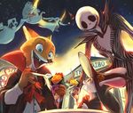  2017 anthro canine clothed clothing crossover disney female fox fur gidora_(artist) green_eyes group halloween holidays jack_skellington judy_hopps lagomorph male mammal nick_wilde nightmare_before_christmas orange_fur rabbit simple_background zootopia 