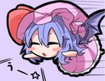  :o =_= bat_wings blue_hair bow chestnut_mouth chibi commentary flying fukutchi full_body hat hat_bow lavender_background mob_cap motion_lines remilia_scarlet simple_background solo touhou translated uu~ v-shaped_eyebrows wings 