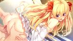  1boy 1girl ass ass_grab blonde_hair blood blush breasts ceiling clothed_female_nude_male clothes_down dutch_angle eurasia_of_end eyebrows_visible_through_hair game_cg hair_between_eyes hair_ribbon hetero indoors long_hair looking_back nipples no_panties nora_to_oujo_to_noraneko_heart nude oozora_itsuki open_mouth penis pussy pussy_juice reverse_cowgirl_position ribbon sex shiny shiny_skin skirt small_breasts solo_focus two-tone_ribbon vaginal virgin white_ribbon 