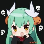  :d aqua_hair bangs black_background black_cloak blush chibi claw_pose cloak commentary eyebrows_visible_through_hair fang fate/grand_order fate_(series) food_themed_hair_ornament hair_ornament halloween halloween_costume horns kiyohime_(fate/grand_order) long_hair long_sleeves looking_at_viewer mochii neck_ribbon open_mouth pumpkin_hair_ornament red_neckwear red_ribbon ribbon signature simple_background skull slit_pupils smile solo upper_body v-shaped_eyebrows vampire_costume yellow_eyes 