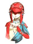  bracer brown_eyes closed_mouth cropped_arms cropped_torso gem hand_on_own_chest jewelry kinketsu long_hair looking_at_viewer mipha neck_ring necklace red_hair red_lips simple_background smile solo tentacle_hair the_legend_of_zelda the_legend_of_zelda:_breath_of_the_wild traditional_media upper_body watercolor_(medium) white_background zora 