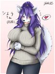  &lt;3 anthro big_breasts blush breasts canine clothed clothing dog female fully_clothed fur hair huge_breasts japanese_text long_hair looking_at_viewer mammal mana_(series) nipple_bulge purple_eyes purple_hair sierra_(mana) solo standing sweater text tongue tongue_out video_games white_fur yus-ts 
