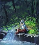  bangs blunt_bangs bow collared_shirt fishing fishing_rod forest fujiwara_no_mokou grass grey_hair hair_bow heiya long_hair nature outdoors pants red_eyes red_footwear red_pants river shirt short_sleeves sitting solo touhou very_long_hair white_bow white_shirt 