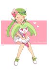  :d ^_^ ^o^ bare_arms bare_shoulders blush character_name closed_eyes dark_skin facing_viewer flower full_body gen_7_pokemon green_footwear green_hair hair_flower hair_ornament headband heart highres holding holding_pokemon invisible_chair long_hair low_twintails mao_(pokemon) mei_(maysroom) no_socks on_lap open_mouth overalls pokemon pokemon_(creature) pokemon_(game) pokemon_on_lap pokemon_sm shoes signature sitting sleeveless smile steenee trial_captain twintails two-tone_background 